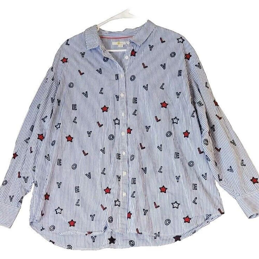 Boden Maria Lovely Embroidered Blue Striped Stars Collared Long Sleeve Blouse 14